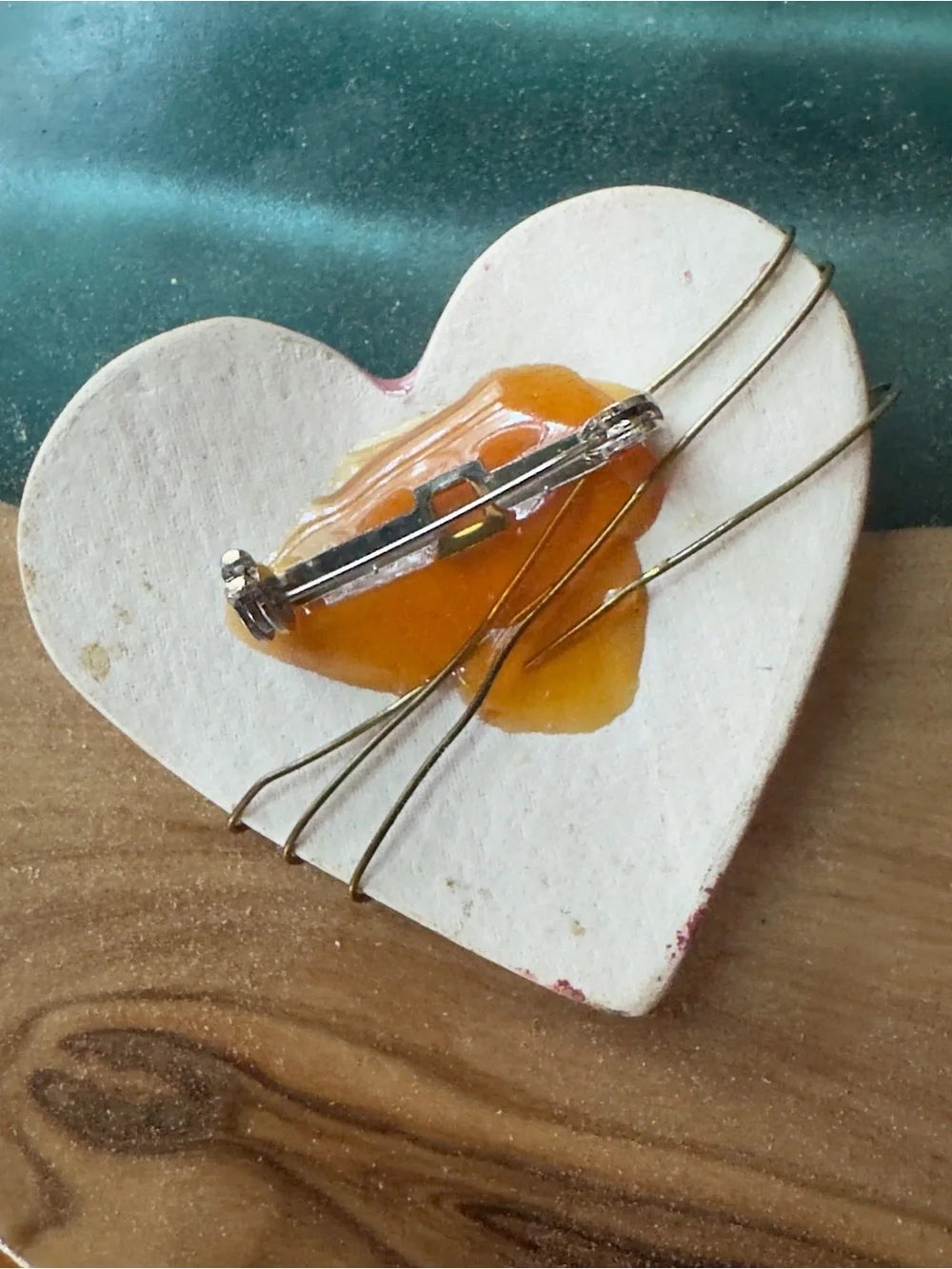 Whimsical Wire Wrapped Pink Heart Enamel Pin with gold trim and Green Dots
